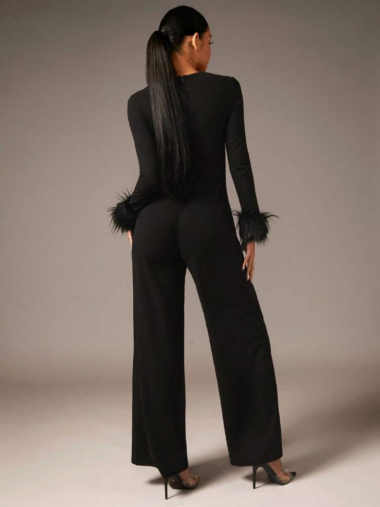 Sweetheart Neck Fuzzy Cuff Wide Leg Jumpsuit