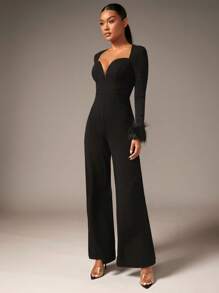 SHEIN BAE 雞心領口毛茸茸袖口闊腿連體褲 - 黑色 - 查看 3