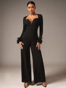 SHEIN BAE 雞心領口毛茸茸袖口闊腿連體褲 - 黑色 - 查看 5