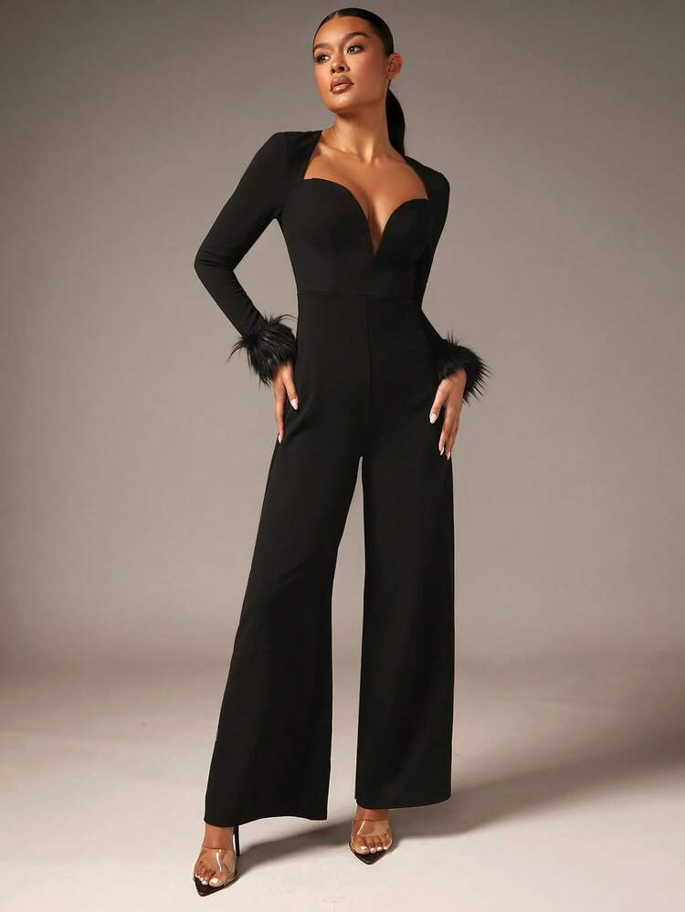Sweetheart Neck Fuzzy Cuff Wide Leg Jumpsuit