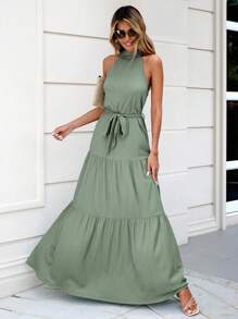 EURMUSE Solid Ruffle Hem Belted Halter Dress - Army Green - View 1