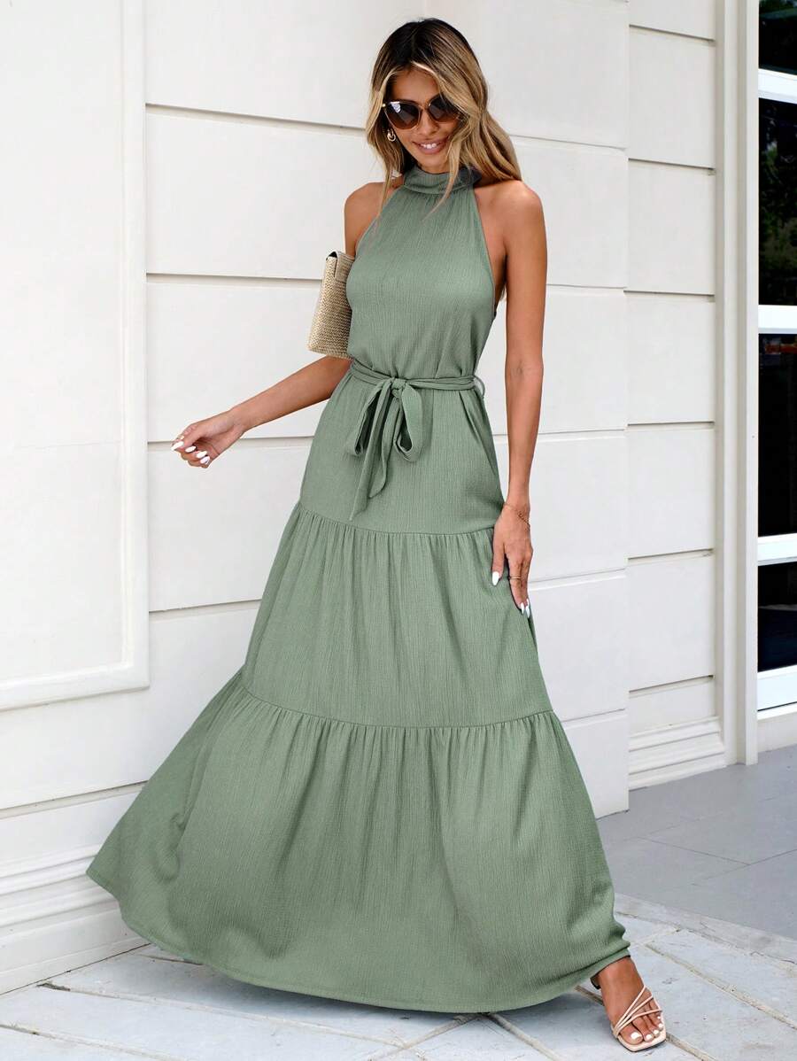 EURMUSE Solid Ruffle Hem Belted Halter Dress - Army Green - View 1