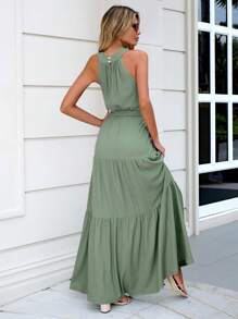 EURMUSE Solid Ruffle Hem Belted Halter Dress - Army Green - View 2