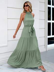 EURMUSE Solid Ruffle Hem Belted Halter Dress - Army Green - View 3