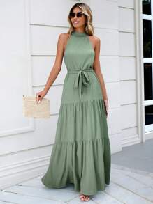 EURMUSE Solid Ruffle Hem Belted Halter Dress - Army Green - View 4