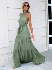 EURMUSE Solid Ruffle Hem Belted Halter Dress - Army Green - View 5