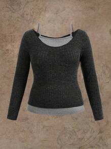 Flirla Plus Two Tone 2 In 1 Tee Graphic Tees Women Tops - Grey - View 1