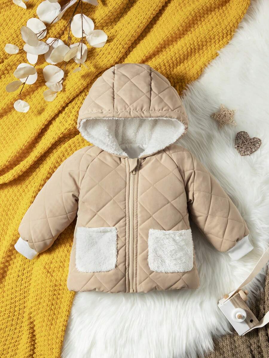 Baby Girl Dual Pocket Raglan Sleeve Hooded Teddy Lined Quilted Coat - Khaki - View 1
