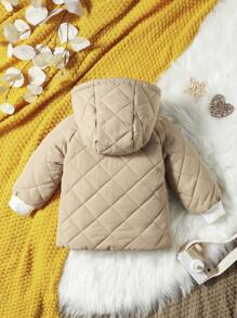 Baby Girl Dual Pocket Raglan Sleeve Hooded Teddy Lined Quilted Coat - Khaki - View 2