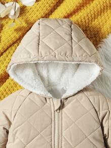 Baby Girl Dual Pocket Raglan Sleeve Hooded Teddy Lined Quilted Coat - Khaki - View 3