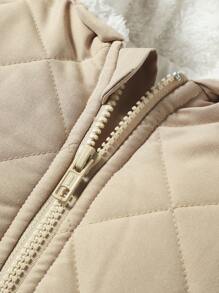 Baby Girl Dual Pocket Raglan Sleeve Hooded Teddy Lined Quilted Coat - Khaki - View 6