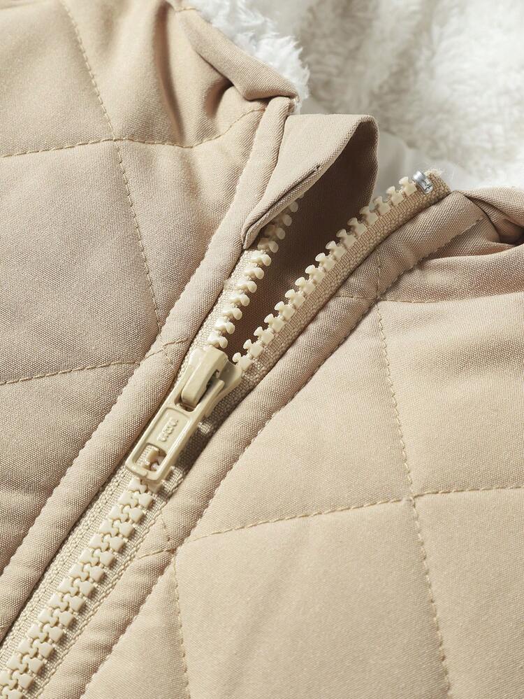 Baby Girl Dual Pocket Raglan Sleeve Hooded Teddy Lined Quilted Coat