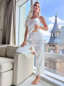 Contrast Lace Cami Top & Pants PJ Set / Pajama Set White Set - White - View 4