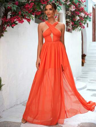 LOVE&LEMONADE Partykleid mit Criss-Cross, Kreuzgurt auf Rücken, Schlitz, Chiffon