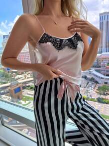 Eyelash Lace Panel Satin Cami Top & Striped Pants PJ Set - Pink - View 5