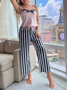 Eyelash Lace Panel Satin Cami Top & Striped Pants PJ Set - Pink - View 6