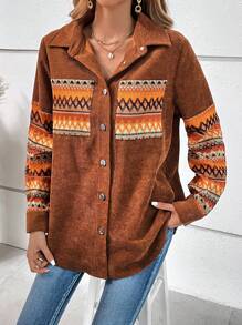 SHEIN LUNE Geo Print Corduroy Jacket - Multicolor - View 3