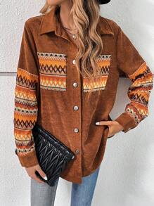 SHEIN LUNE Geo Print Corduroy Jacket - Multicolor - View 4