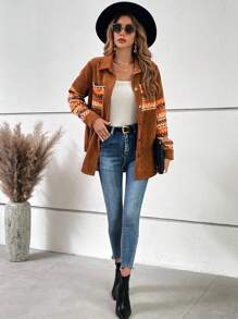 SHEIN LUNE Geo Print Corduroy Jacket - Multicolor - View 6