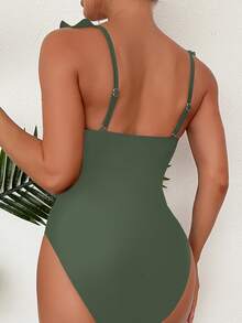 Ruffle Trim One Piece Swimsuit - Army Green - View 2