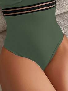 Ruffle Trim One Piece Swimsuit - Army Green - View 3