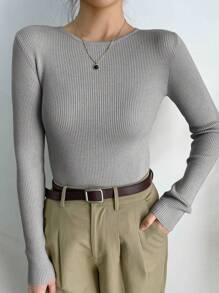 DAZY Business Casual Simple Solid Color Slim Fit Sweater,Fall Women Clothes - Grey - View 2