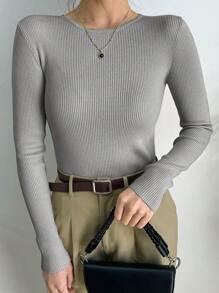 DAZY Business Casual Simple Solid Color Slim Fit Sweater,Fall Women Clothes - Grey - View 3