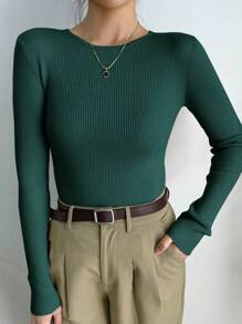 DAZY Jersey informal de punto, de cuello redondo y manga larga, de ajuste ceñido, para uso empresarial casual, para mujer, de color liso