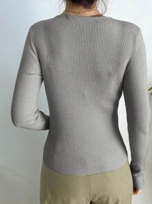 DAZY Business Casual Simple Solid Color Slim Fit Sweater,Fall Women Clothes - Grey - View 5
