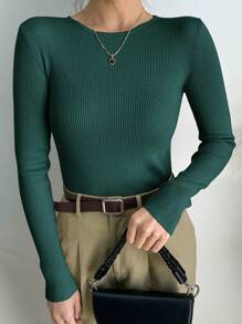DAZY Jersey informal de punto, de cuello redondo y manga larga, de ajuste ceñido, para uso empresarial casual, para mujer, de color liso