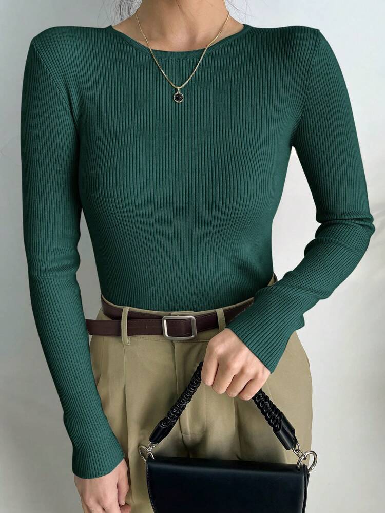 Women's Solid Color Round Neck Long Sleeve Slim Fit Business Casual Pullover Sweater,Fall Women Clothes