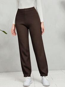 Seusyu Solid Elastic Waist Knit Pants - Coffee Brown - View 1