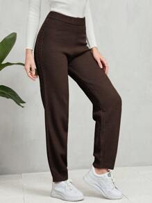 Seusyu Solid Elastic Waist Knit Pants - Coffee Brown - View 5