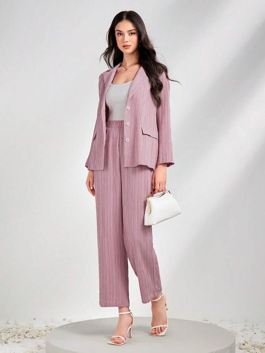 Mulvari 素色褶皺西裝外套和褲子 - 藕粉色 - 查看 1