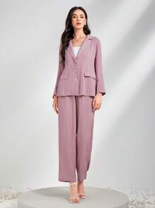 Mulvari 素色褶皺西裝外套和褲子 - 藕粉色 - 查看 5