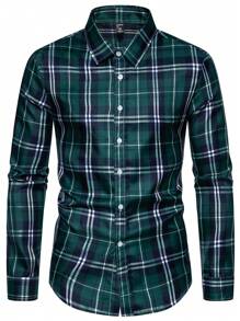 Manfinity Homme Áo sơ mi nam in họa tiết kẻ sọc dài tay có nút lên áo sơ mi công sở đầy màu sắc cho chồng - màu xanh lá - Xem 1