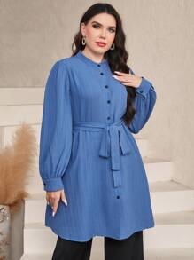 Mulvari Plus Lantern Sleeve Belted Shirt Fall Cloth For Women - Dusty Blue - View 1