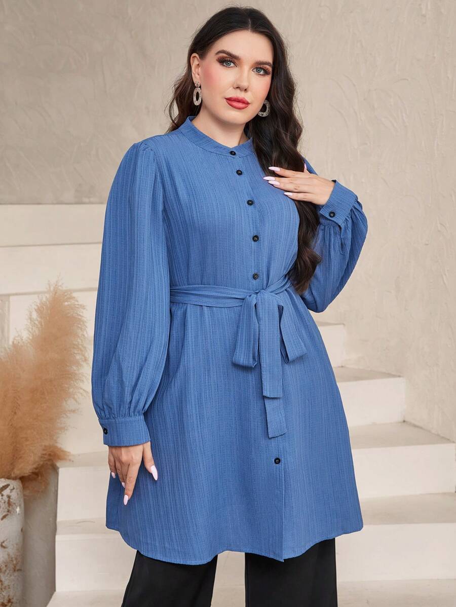 Mulvari Plus Lantern Sleeve Belted Shirt Fall Cloth For Women - Dusty Blue - View 1
