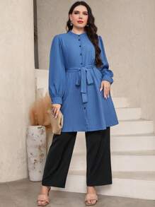 Mulvari Plus Lantern Sleeve Belted Shirt Fall Cloth For Women - Dusty Blue - View 3