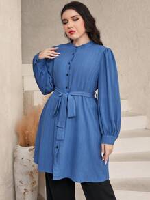 Mulvari Plus Lantern Sleeve Belted Shirt Fall Cloth For Women - Dusty Blue - View 4