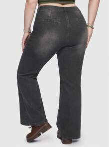 ROMWE Fairycore Plus Star Print Flap Pocket Flare Leg Jeans - Dark Grey - View 6