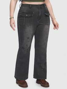 ROMWE Fairycore Plus Star Print Flap Pocket Flare Leg Jeans - Dark Grey - View 1