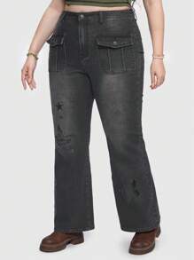 ROMWE Fairycore Plus Star Print Flap Pocket Flare Leg Jeans - Dark Grey - View 3