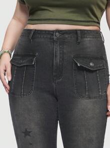 ROMWE Fairycore Plus Star Print Flap Pocket Flare Leg Jeans - Dark Grey - View 5