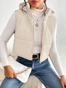 SHEIN Frenchy 秋冬休闲风格机场拉链连帽背心羽绒服 - 杏色 - 查看 1