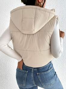 SHEIN Frenchy 秋冬休闲风格机场拉链连帽背心羽绒服 - 杏色 - 查看 2