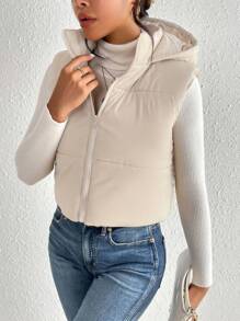 SHEIN Frenchy 秋冬休闲风格机场拉链连帽背心羽绒服 - 杏色 - 查看 5