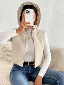 SHEIN Frenchy 秋冬休闲风格机场拉链连帽背心羽绒服 - 杏色 - 查看 6