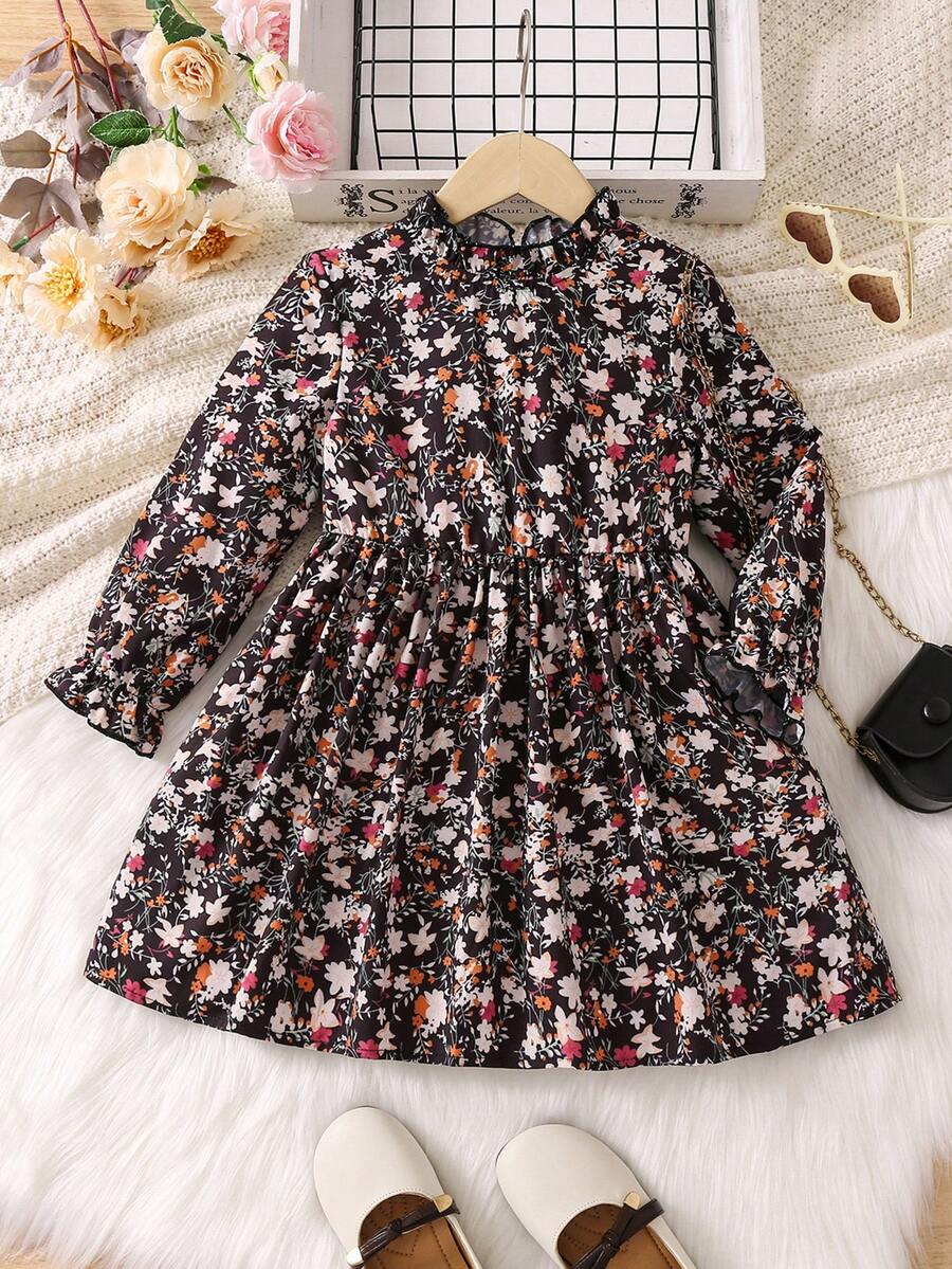 SHEIN Young Girl Ditsy Floral Print Flounce Sleeve Dress - Multicolor - View 1