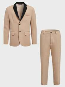 Manfinity NiteLyfe Men Contrast Panel Lapel Collar Blazer & Pants - Khaki - View 2